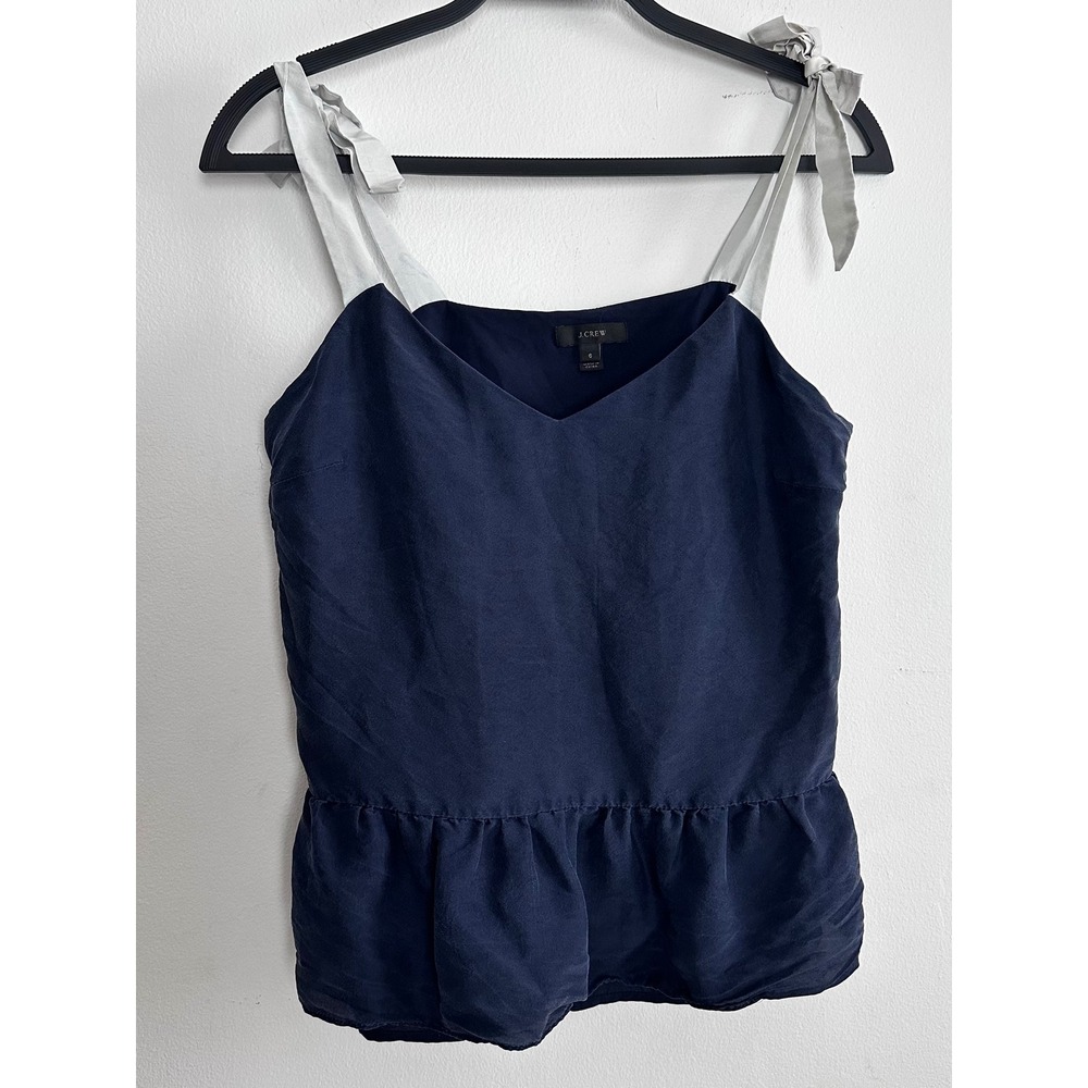 J.Crew Navy 100% Silk‎ Tie Shoulder Peplum Camisole 6 Casual Romantic Feminine